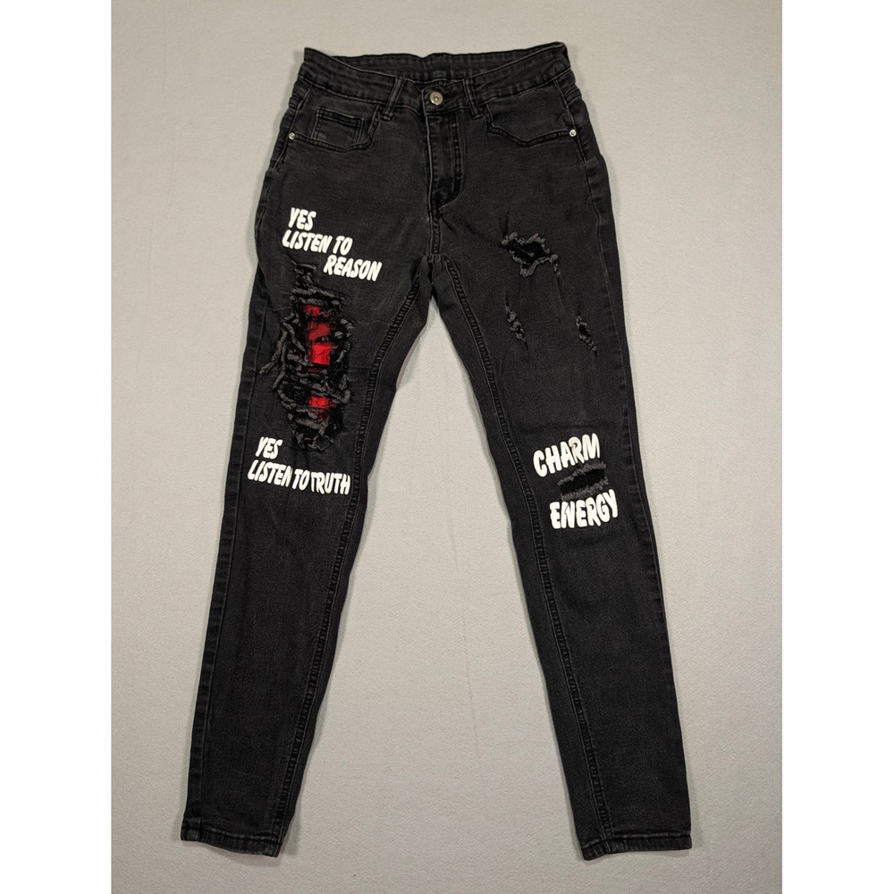 Manfinity Mens Distressed Graphic Jeans Black Slim Fit Size 29 Charm Energy Red